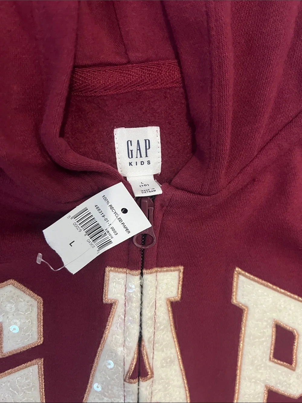 GAP Burgundy Zip-Up Hoodie with White Lettering